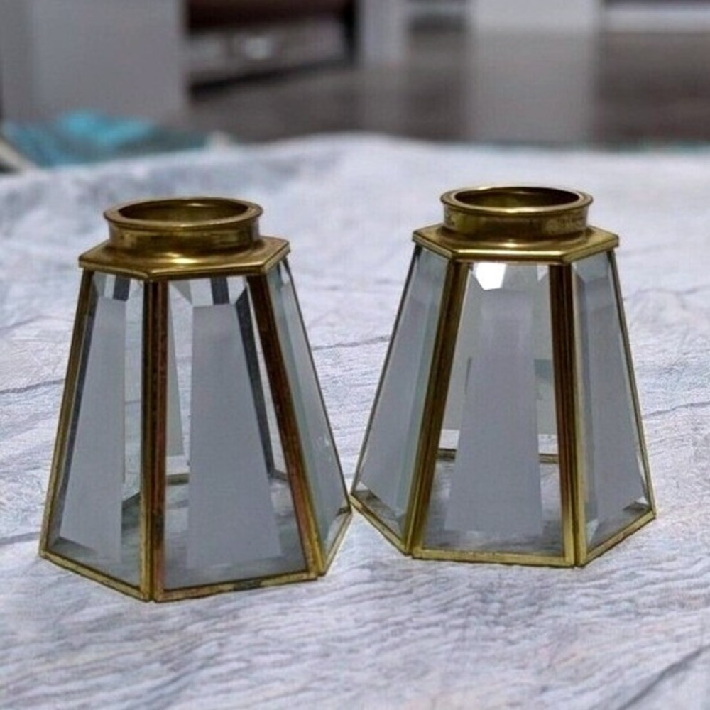 Vintage Brass & Glass‎ Hexagon Lamp Light Shades Pair Lantern Cottagecore 2-1/8"